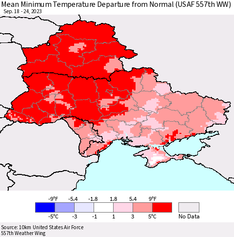 Ukraine, Moldova and Belarus Mean Minimum Temperature Departure from Normal (USAF 557th WW) Thematic Map For 9/18/2023 - 9/24/2023