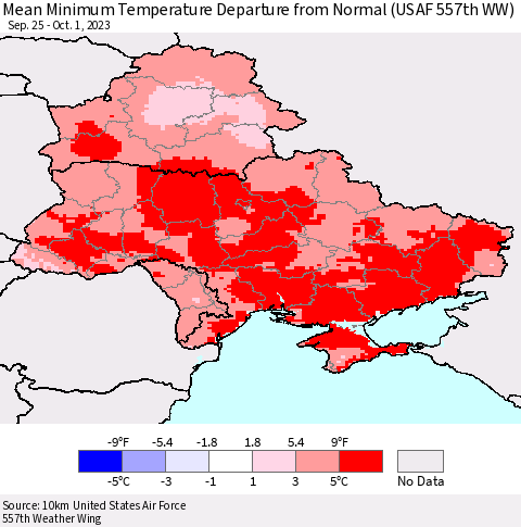 Ukraine, Moldova and Belarus Mean Minimum Temperature Departure from Normal (USAF 557th WW) Thematic Map For 9/25/2023 - 10/1/2023