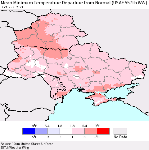 Ukraine, Moldova and Belarus Mean Minimum Temperature Departure from Normal (USAF 557th WW) Thematic Map For 10/2/2023 - 10/8/2023
