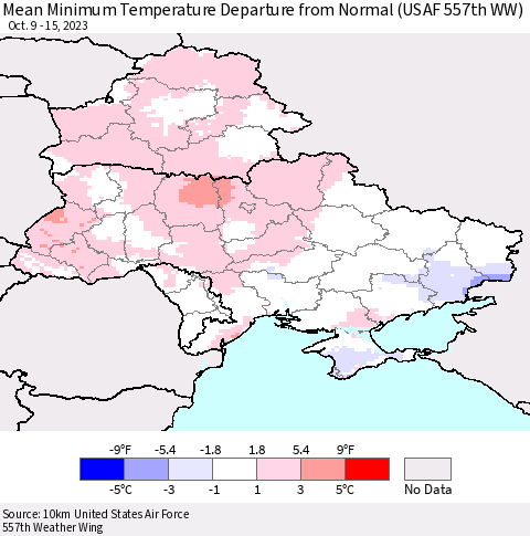 Ukraine, Moldova and Belarus Mean Minimum Temperature Departure from Normal (USAF 557th WW) Thematic Map For 10/9/2023 - 10/15/2023