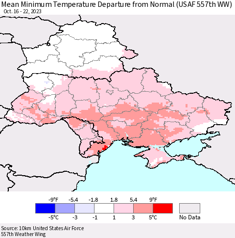 Ukraine, Moldova and Belarus Mean Minimum Temperature Departure from Normal (USAF 557th WW) Thematic Map For 10/16/2023 - 10/22/2023