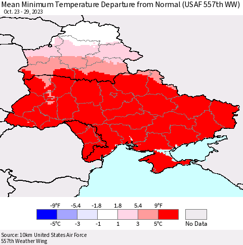 Ukraine, Moldova and Belarus Mean Minimum Temperature Departure from Normal (USAF 557th WW) Thematic Map For 10/23/2023 - 10/29/2023