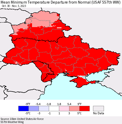Ukraine, Moldova and Belarus Mean Minimum Temperature Departure from Normal (USAF 557th WW) Thematic Map For 10/30/2023 - 11/5/2023