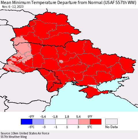 Ukraine, Moldova and Belarus Mean Minimum Temperature Departure from Normal (USAF 557th WW) Thematic Map For 11/6/2023 - 11/12/2023