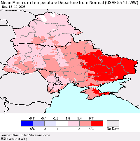 Ukraine, Moldova and Belarus Mean Minimum Temperature Departure from Normal (USAF 557th WW) Thematic Map For 11/13/2023 - 11/19/2023