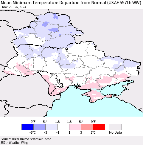 Ukraine, Moldova and Belarus Mean Minimum Temperature Departure from Normal (USAF 557th WW) Thematic Map For 11/20/2023 - 11/26/2023