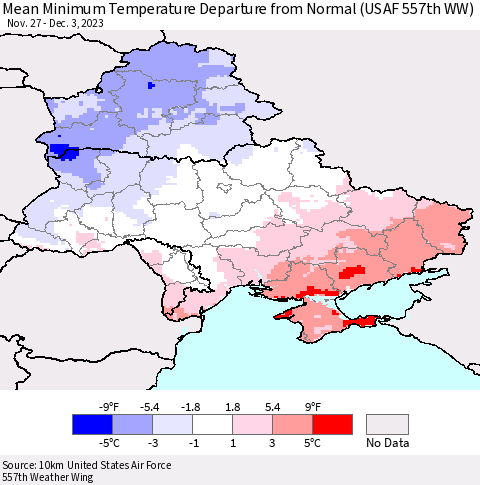 Ukraine, Moldova and Belarus Mean Minimum Temperature Departure from Normal (USAF 557th WW) Thematic Map For 11/27/2023 - 12/3/2023