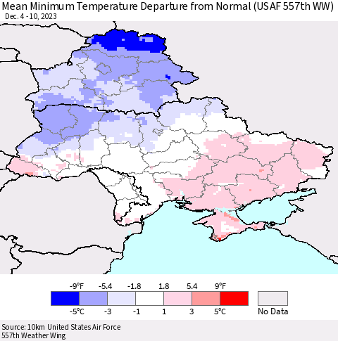 Ukraine, Moldova and Belarus Mean Minimum Temperature Departure from Normal (USAF 557th WW) Thematic Map For 12/4/2023 - 12/10/2023