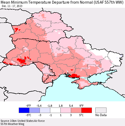 Ukraine, Moldova and Belarus Mean Minimum Temperature Departure from Normal (USAF 557th WW) Thematic Map For 12/11/2023 - 12/17/2023