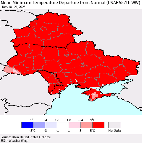 Ukraine, Moldova and Belarus Mean Minimum Temperature Departure from Normal (USAF 557th WW) Thematic Map For 12/18/2023 - 12/24/2023