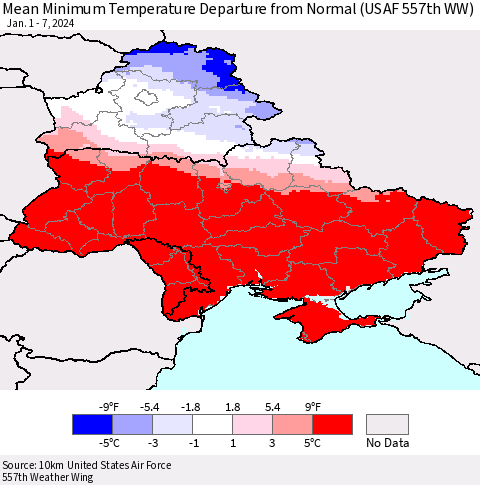 Ukraine, Moldova and Belarus Mean Minimum Temperature Departure from Normal (USAF 557th WW) Thematic Map For 1/1/2024 - 1/7/2024