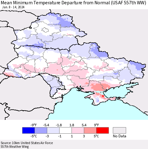 Ukraine, Moldova and Belarus Mean Minimum Temperature Departure from Normal (USAF 557th WW) Thematic Map For 1/8/2024 - 1/14/2024
