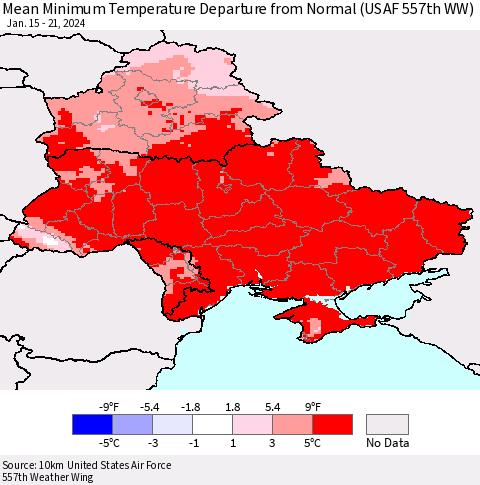 Ukraine, Moldova and Belarus Mean Minimum Temperature Departure from Normal (USAF 557th WW) Thematic Map For 1/15/2024 - 1/21/2024