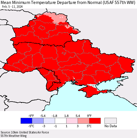 Ukraine, Moldova and Belarus Mean Minimum Temperature Departure from Normal (USAF 557th WW) Thematic Map For 2/5/2024 - 2/11/2024