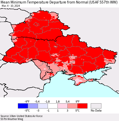 Ukraine, Moldova and Belarus Mean Minimum Temperature Departure from Normal (USAF 557th WW) Thematic Map For 3/4/2024 - 3/10/2024