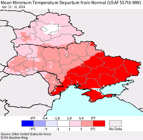 Ukraine, Moldova and Belarus Mean Minimum Temperature Departure from Normal (USAF 557th WW) Thematic Map For 4/15/2024 - 4/21/2024