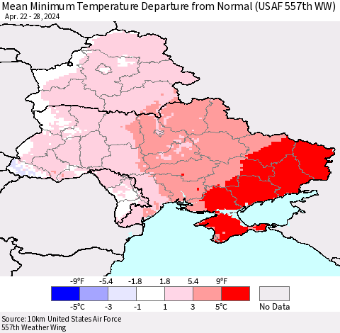 Ukraine, Moldova and Belarus Mean Minimum Temperature Departure from Normal (USAF 557th WW) Thematic Map For 4/22/2024 - 4/28/2024