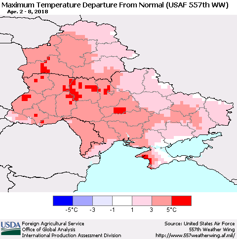 Ukraine, Moldova and Belarus Mean Maximum Temperature Departure from Normal (USAF 557th WW) Thematic Map For 4/2/2018 - 4/8/2018