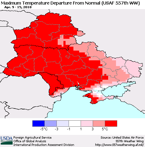 Ukraine, Moldova and Belarus Mean Maximum Temperature Departure from Normal (USAF 557th WW) Thematic Map For 4/9/2018 - 4/15/2018