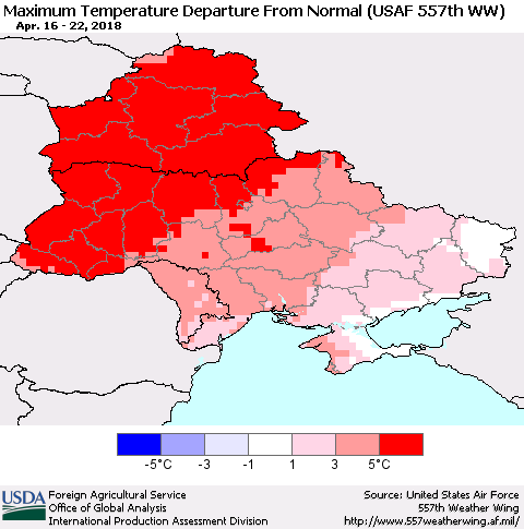 Ukraine, Moldova and Belarus Mean Maximum Temperature Departure from Normal (USAF 557th WW) Thematic Map For 4/16/2018 - 4/22/2018
