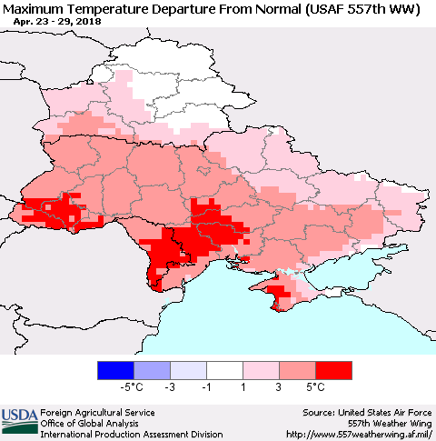Ukraine, Moldova and Belarus Mean Maximum Temperature Departure from Normal (USAF 557th WW) Thematic Map For 4/23/2018 - 4/29/2018