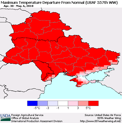 Ukraine, Moldova and Belarus Mean Maximum Temperature Departure from Normal (USAF 557th WW) Thematic Map For 4/30/2018 - 5/6/2018