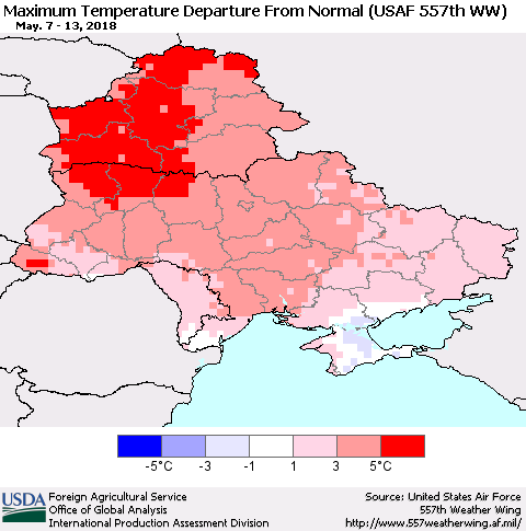Ukraine, Moldova and Belarus Mean Maximum Temperature Departure from Normal (USAF 557th WW) Thematic Map For 5/7/2018 - 5/13/2018