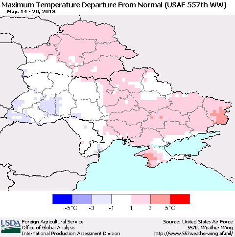 Ukraine, Moldova and Belarus Mean Maximum Temperature Departure from Normal (USAF 557th WW) Thematic Map For 5/14/2018 - 5/20/2018