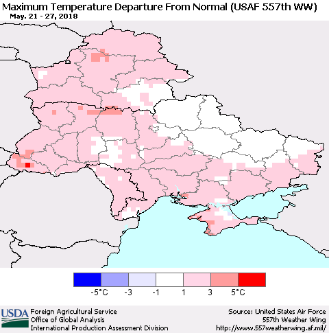 Ukraine, Moldova and Belarus Mean Maximum Temperature Departure from Normal (USAF 557th WW) Thematic Map For 5/21/2018 - 5/27/2018