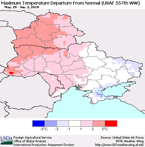 Ukraine, Moldova and Belarus Mean Maximum Temperature Departure from Normal (USAF 557th WW) Thematic Map For 5/28/2018 - 6/3/2018