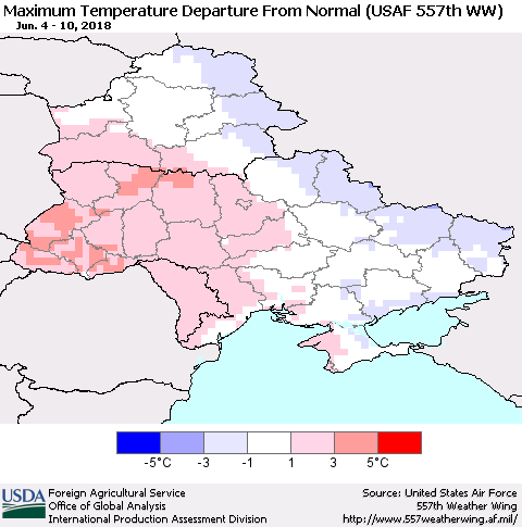 Ukraine, Moldova and Belarus Mean Maximum Temperature Departure from Normal (USAF 557th WW) Thematic Map For 6/4/2018 - 6/10/2018