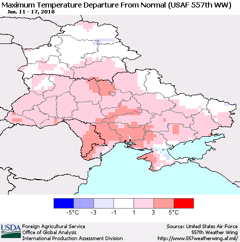 Ukraine, Moldova and Belarus Mean Maximum Temperature Departure from Normal (USAF 557th WW) Thematic Map For 6/11/2018 - 6/17/2018