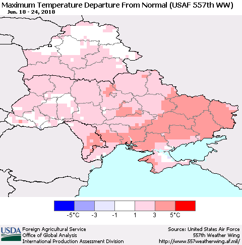 Ukraine, Moldova and Belarus Mean Maximum Temperature Departure from Normal (USAF 557th WW) Thematic Map For 6/18/2018 - 6/24/2018