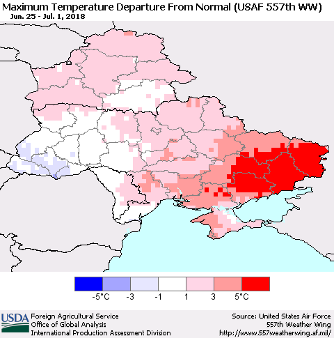 Ukraine, Moldova and Belarus Mean Maximum Temperature Departure from Normal (USAF 557th WW) Thematic Map For 6/25/2018 - 7/1/2018