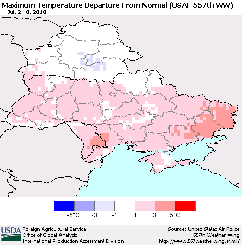 Ukraine, Moldova and Belarus Mean Maximum Temperature Departure from Normal (USAF 557th WW) Thematic Map For 7/2/2018 - 7/8/2018
