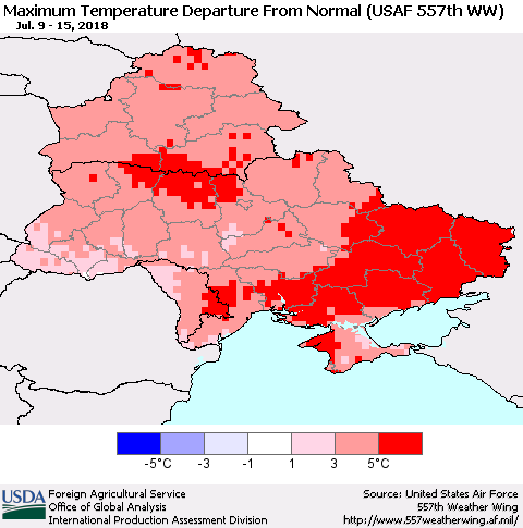 Ukraine, Moldova and Belarus Mean Maximum Temperature Departure from Normal (USAF 557th WW) Thematic Map For 7/9/2018 - 7/15/2018