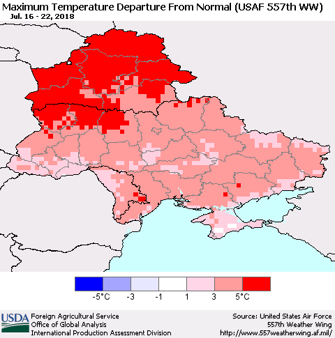 Ukraine, Moldova and Belarus Mean Maximum Temperature Departure from Normal (USAF 557th WW) Thematic Map For 7/16/2018 - 7/22/2018