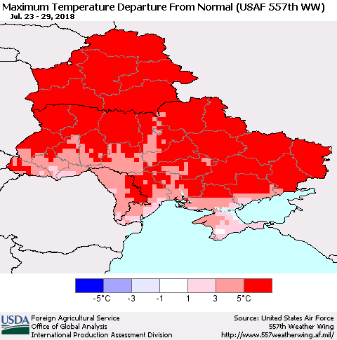 Ukraine, Moldova and Belarus Mean Maximum Temperature Departure from Normal (USAF 557th WW) Thematic Map For 7/23/2018 - 7/29/2018