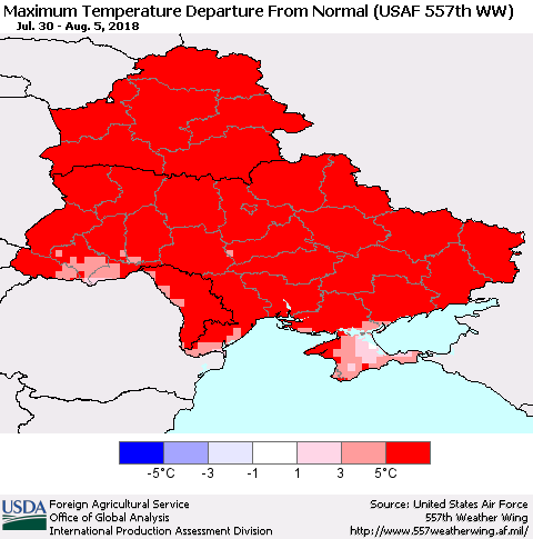 Ukraine, Moldova and Belarus Mean Maximum Temperature Departure from Normal (USAF 557th WW) Thematic Map For 7/30/2018 - 8/5/2018