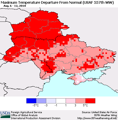 Ukraine, Moldova and Belarus Mean Maximum Temperature Departure from Normal (USAF 557th WW) Thematic Map For 8/6/2018 - 8/12/2018