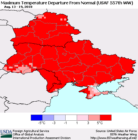 Ukraine, Moldova and Belarus Mean Maximum Temperature Departure from Normal (USAF 557th WW) Thematic Map For 8/13/2018 - 8/19/2018