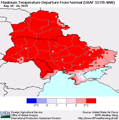 Ukraine, Moldova and Belarus Mean Maximum Temperature Departure from Normal (USAF 557th WW) Thematic Map For 8/20/2018 - 8/26/2018