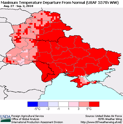 Ukraine, Moldova and Belarus Mean Maximum Temperature Departure from Normal (USAF 557th WW) Thematic Map For 8/27/2018 - 9/2/2018