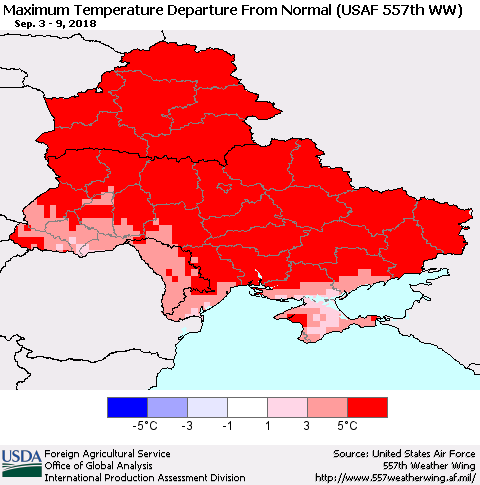 Ukraine, Moldova and Belarus Mean Maximum Temperature Departure from Normal (USAF 557th WW) Thematic Map For 9/3/2018 - 9/9/2018