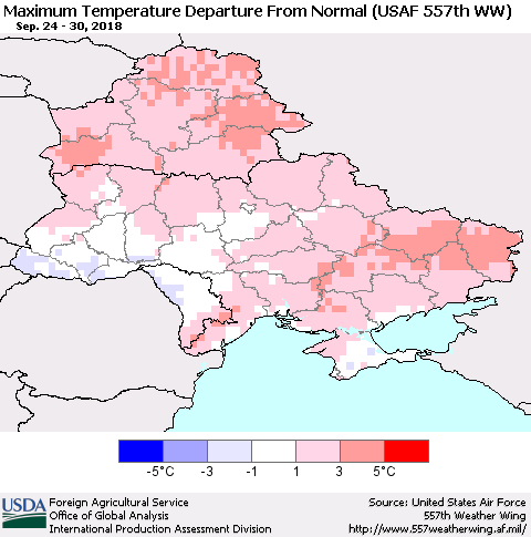 Ukraine, Moldova and Belarus Maximum Temperature Departure From Normal (USAF 557th WW) Thematic Map For 9/24/2018 - 9/30/2018