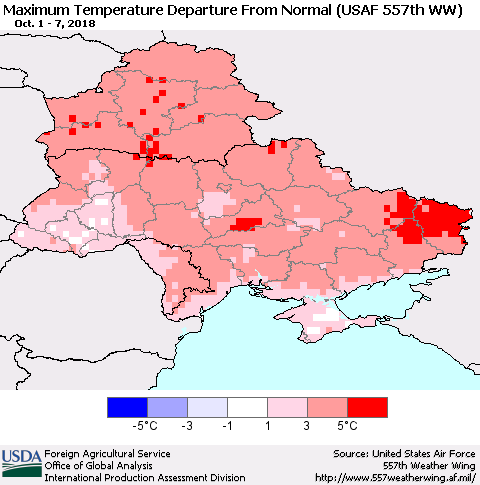 Ukraine, Moldova and Belarus Maximum Temperature Departure From Normal (USAF 557th WW) Thematic Map For 10/1/2018 - 10/7/2018