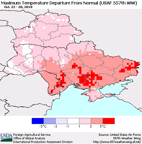 Ukraine, Moldova and Belarus Maximum Temperature Departure From Normal (USAF 557th WW) Thematic Map For 10/22/2018 - 10/28/2018