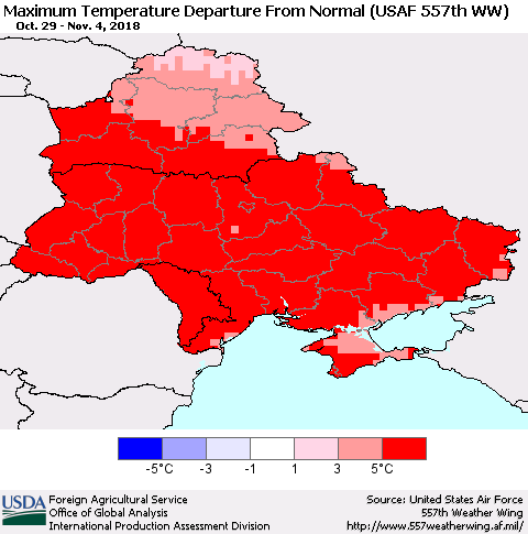 Ukraine, Moldova and Belarus Maximum Temperature Departure From Normal (USAF 557th WW) Thematic Map For 10/29/2018 - 11/4/2018