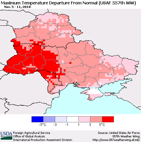 Ukraine, Moldova and Belarus Maximum Temperature Departure From Normal (USAF 557th WW) Thematic Map For 11/5/2018 - 11/11/2018