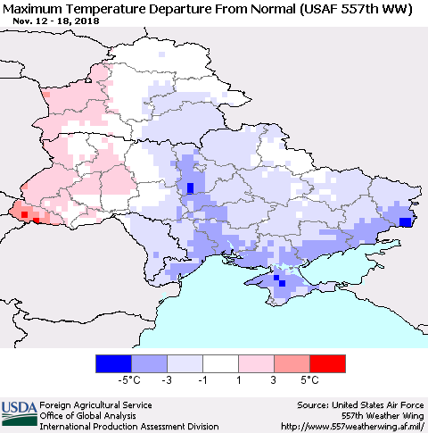 Ukraine, Moldova and Belarus Maximum Temperature Departure From Normal (USAF 557th WW) Thematic Map For 11/12/2018 - 11/18/2018